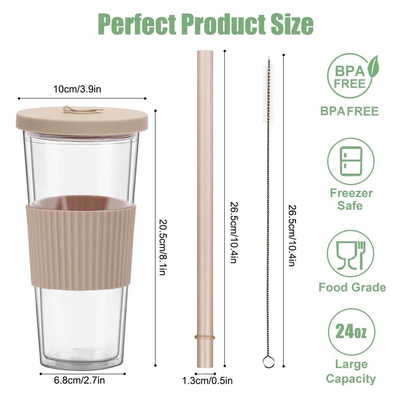 UHAPEER 2 Pack Reusable Boba Tea Cups, 24oz Iced Coffee Cup with Straw and Lid, Leakproof Clear Plastic Cups Tumbler, Double Wall Insulated Smoothie Tumbler, Wide Straw for Bubble Tea, Cinnamon&Olive - Image 2